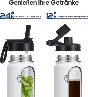 Гідрофляга HydroPal з нержавіючої сталі 750 мл – термос, без BPA, підходить для газованої води, ізоляційна пляшка зі трубочкою та 2 кришками, герметична пляшка для дітей, спорту, фітнесу, біла