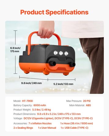 Електрична SUP-насос VEVOR з USB, 20PSI, для надувних SUP-дошок, наметів, з LED-підсвічуванням та автоматичним вимкненням