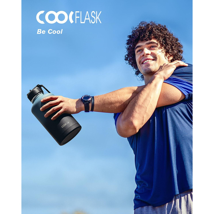 Термос пляшка для води 2 л Coolflask з нержавіючої сталі з трубочкою та 3 кришками, подвійна вакуумна ізоляція, для спорту та офісу, сірий, не протікає