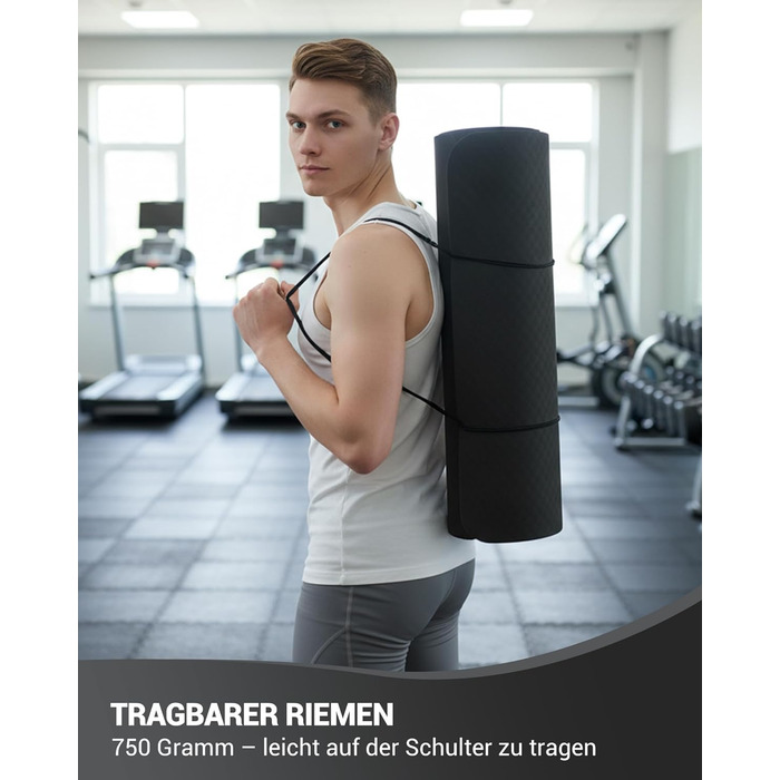 Йога мат для жінок Good Nite: неслизька поверхня, товщина 6 мм, 183x61 см, сірий/чорний, з ручкою для перенесення, TPE, для йоги, пілатесу, фітнесу