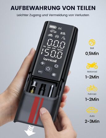 Електричний компресор Lamicall 150PSI, акумулятор 7500mAh, портативний насос для авто, велосипеда, мотоцикла з цифровим манометром і Powerbank