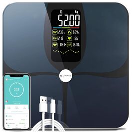 Розумна вага Lepulse F4 Pro з аналізом складу тіла, вимірюванням жиру та м'язової маси, 15 показників, велике дисплей, підключення до додатку, акумуляторна, чорна
