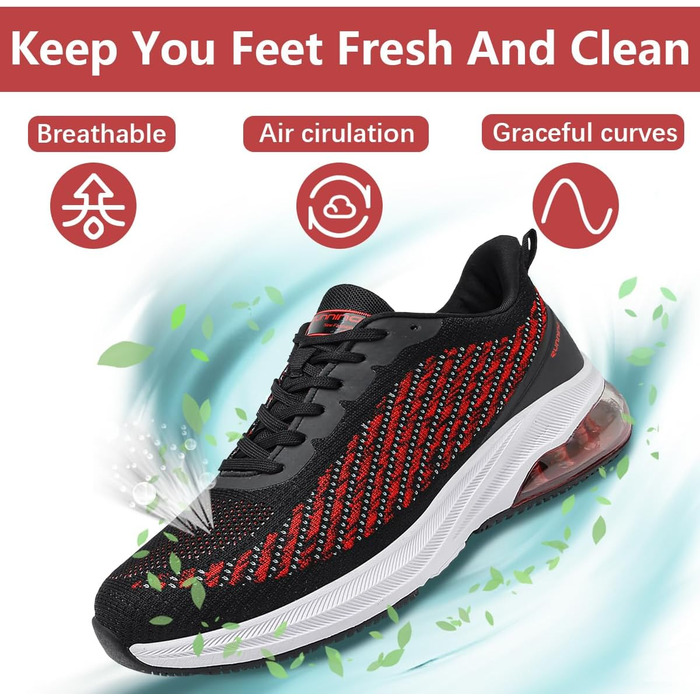 Кросівки для чоловіків та жінок: спортивні, легкі, з повітряною подушкою, для бігу та фітнесу, дихаючі, розміри 36-47 EU, чорний та червоний кольори