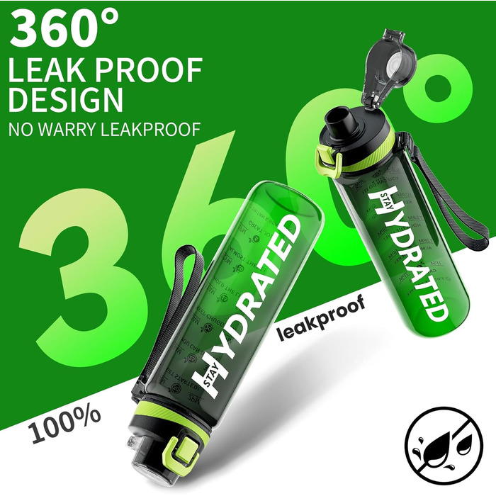 Спортивна пляшка для води 1л Tritan без BPA з маркуванням часу, 1 літр, витокозахисна, для фітнесу, активного відпочинку, спортзалу, школи