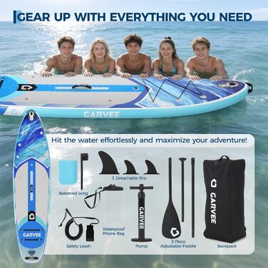 SUP Board Garvee надувний, блакитний 335x85.9x15 см - Комплект для дорослих та підлітків: весло, насос, рюкзак, EVA-дека