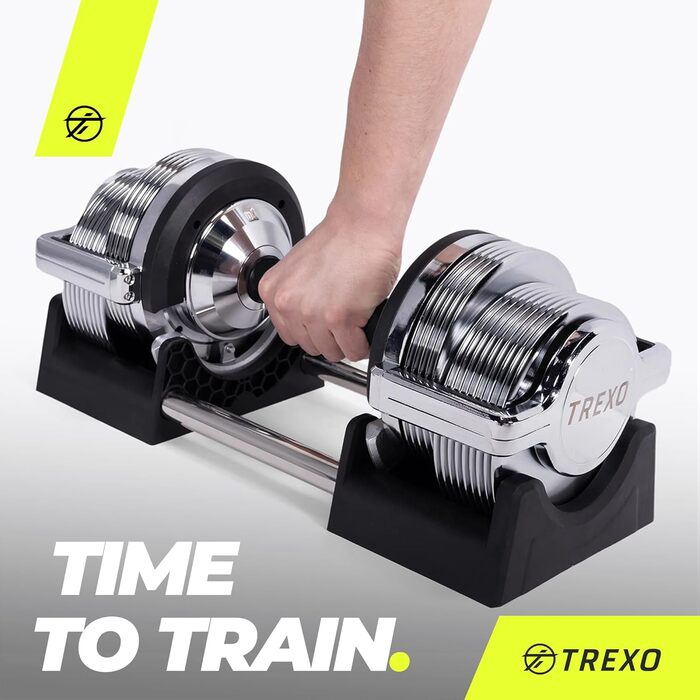 Регульована гантеля TREXO хромована 3-32 кг, 30 рівнів ваги, з ергономічною нековзкою ручкою для силових тренувань і фітнесу