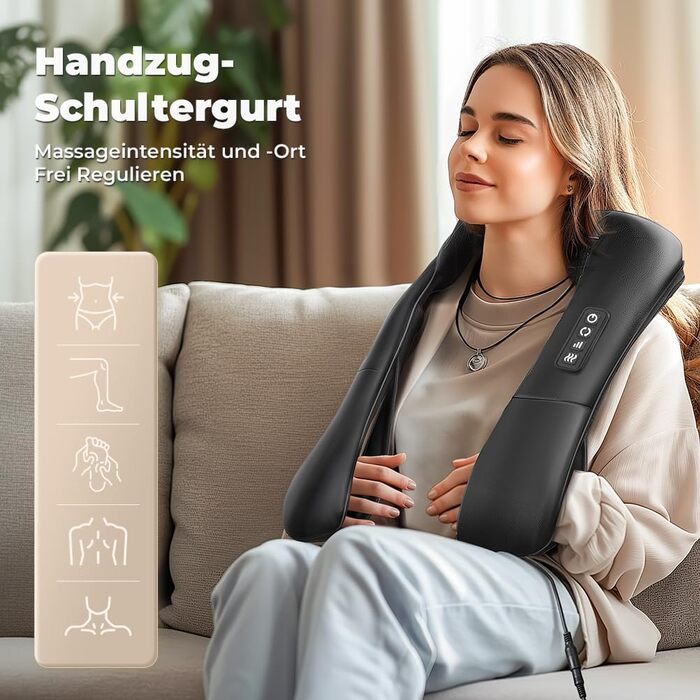 Масажер для шиї та спини ELEHOT з підігрівом, Shiatsu масаж шиї, плечей, спини, попереку, ніг та м'язів. Регульована швидкість, для дому, офісу, авто. Чорний, PU-шкіра