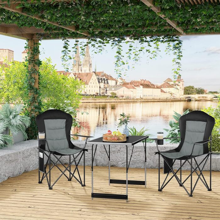 Складний туристичний стілець WOLTU - легкий, для відпочинку на природі, риболовлі, кемпінгу. Макс. навантаження 150 кг, з кишенею для напоїв, чорний + темно-сірий