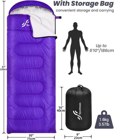 Спальний мішок Sportneer для дорослих та дітей - легкий, компактний, для кемпінгу, походу, рюкзака, 220x75 см, фіолетовий