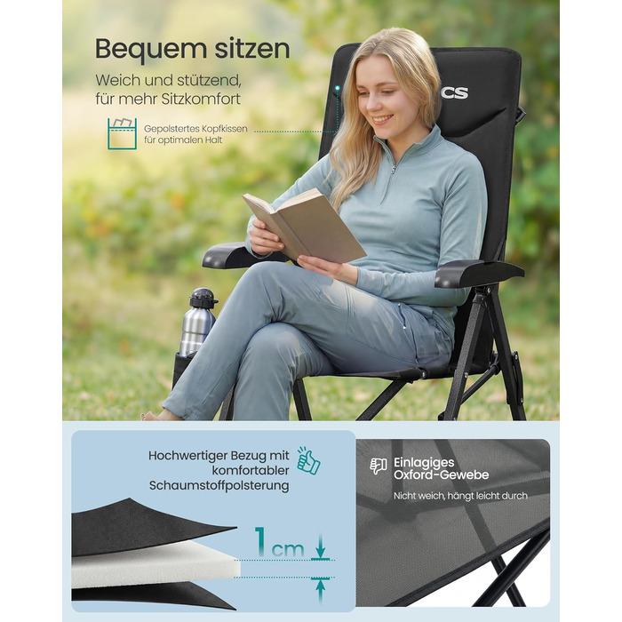 Складний туристичний стілець SONGMICS для відпочинку, риболовлі та кемпінгу, чорний, з регульованою спинкою 95°-150°