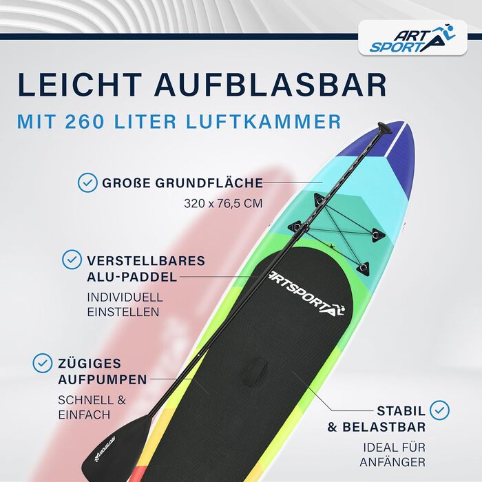 Надувна SUP-дошка ArtSport 320 см, до 150 кг, комплект – весло, помпа, ремінець, сумка