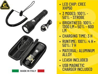 Ліхтар Cressi Astra Black - потужний водонепроникний ліхтар LED для дайвінгу, риболовлі та підводних досліджень (1200 Lumen)