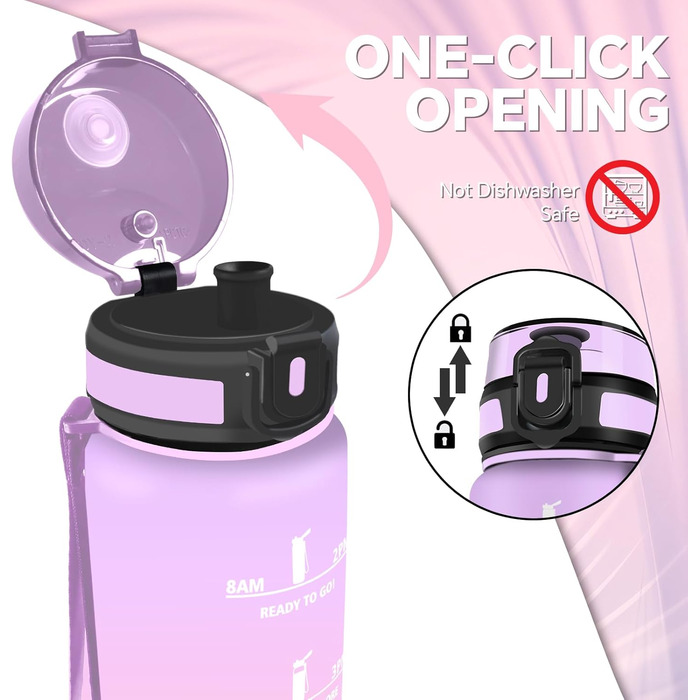 Спортивна пляшка для води 1 літр, без витоку, з позначками часу, для велосипеда, школи, офісу, фітнесу (1500 мл, Ірис-рожевий)