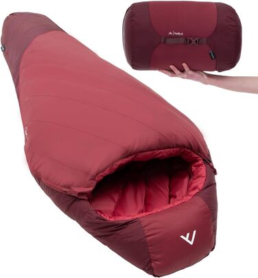 Сплячий мішок Qeedo Fluffy 0 Daunen 4 сезони (комфортна температура 0°C) - легкий, компактний, RDS-сертифікований - для кемпінгу, трекінгу, подорожей - червоний (170-195 см)