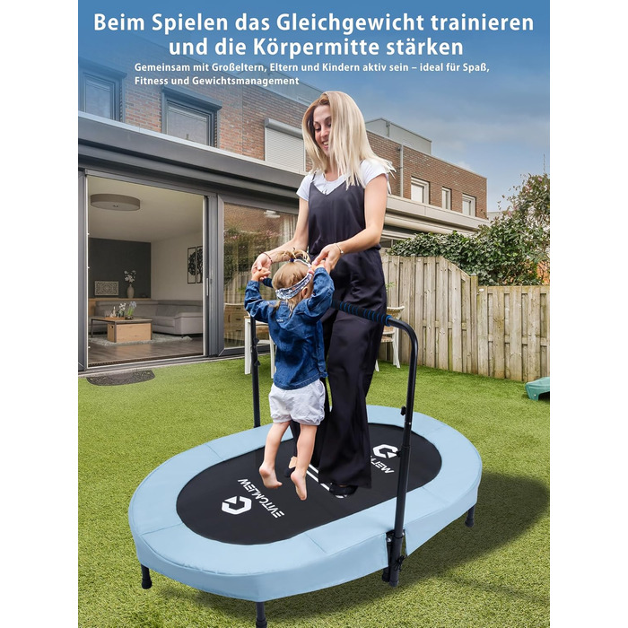 Батут овальний для дому 2 осіб, до 150 кг, синій з ручками - для дітей та дорослих, фітнес, розвиток м'язів