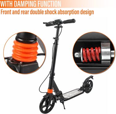 Самокат Kickscooter для дорослих і дітей, з амортизацією, 200 мм колеса, складаний, регульована висота, міський, з ручним і ножним гальмом
