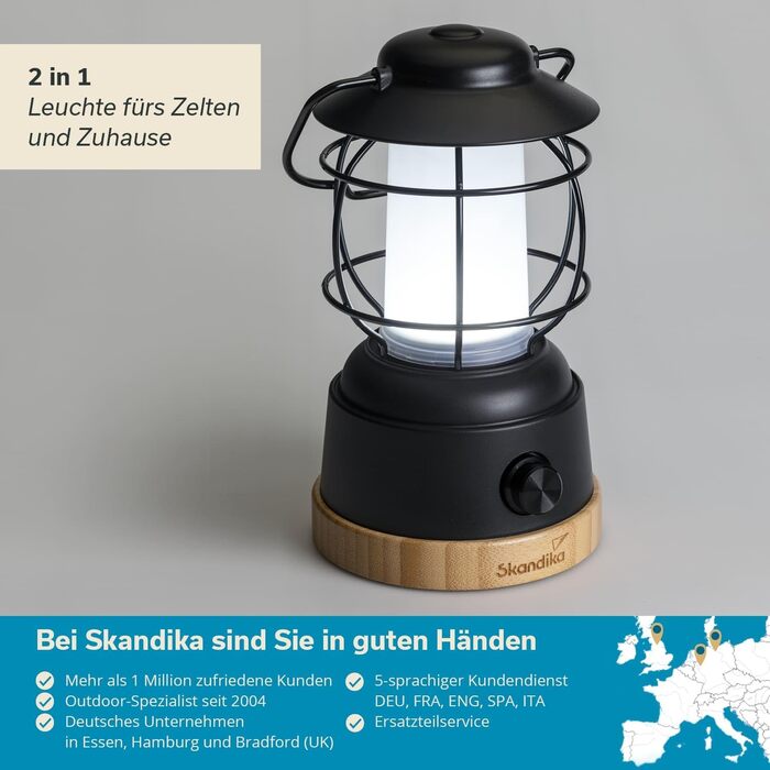 LED-лампа Skandika Kiruna Jord | Ретро кемпінгова лампа з Powerbank, регульована яскравість, бездротова, USB, тепле та холодне біле світло, сталеве підстав'я, 200 годин роботи | Настільна та підвісна лампа
