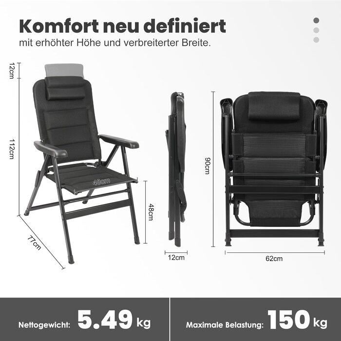 Крісло для кемпінгу Homecall, складне, 150 кг, для саду, балкону, риболовлі, чорне. Регульована спинка, з підлокітниками.