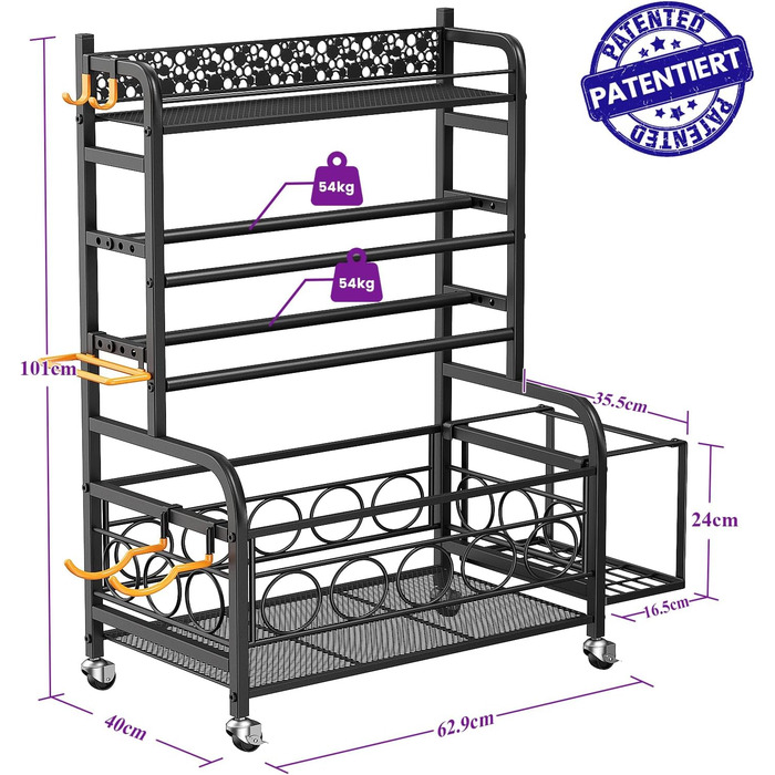 Стойка для гантелей, багаторівнева, з роликами та гачками, для гантелей, йога-матів, фасцій та гир, чорна, для дому