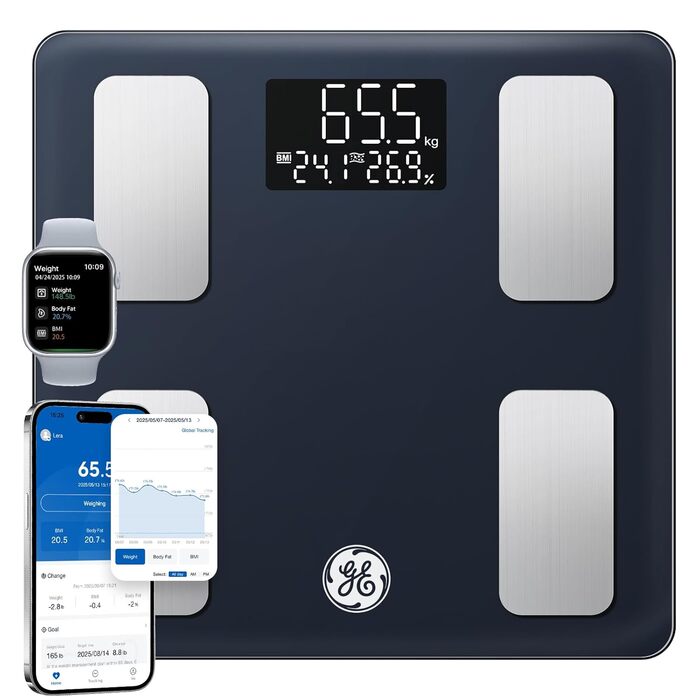 Вага для вимірювання жиру в тілі GE Smart з Bluetooth, аналіз складу тіла, BMI, великий дисплей, точність, до 180 кг, чорний