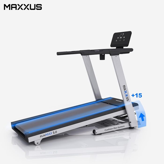 Бігова доріжка MAXXUS RunMaxx 5.0, електрична, 5 к.с., до 18 км/год, 36 програм, 16 рівнів нахилу, LCD-дисплей, зона бігу 140x49 см, пульсометр, тримач для планшета, складана, для дому