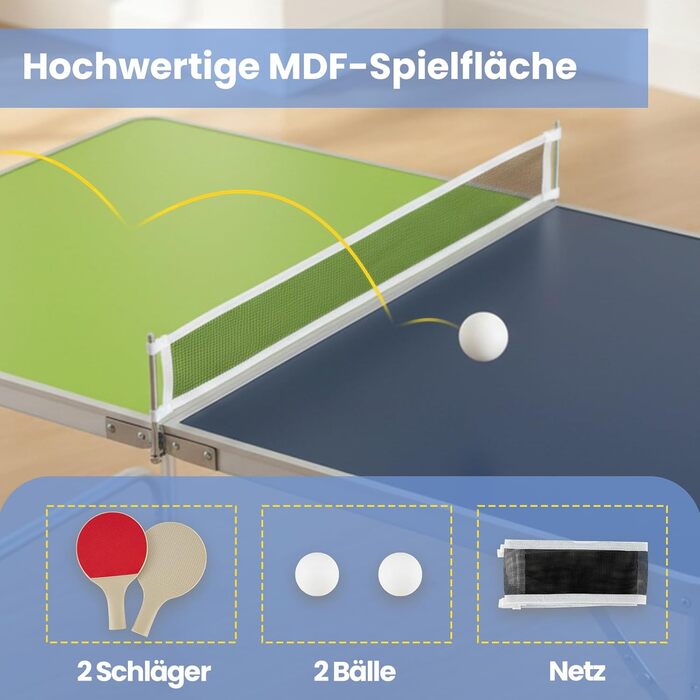 COSTWAY Стіл для пінг-понгу міні складний, регульована висота, з сіткою, 2 ракетки та 2 м'ячі, 120 x 76 см, для гри в приміщенні та на вулиці
