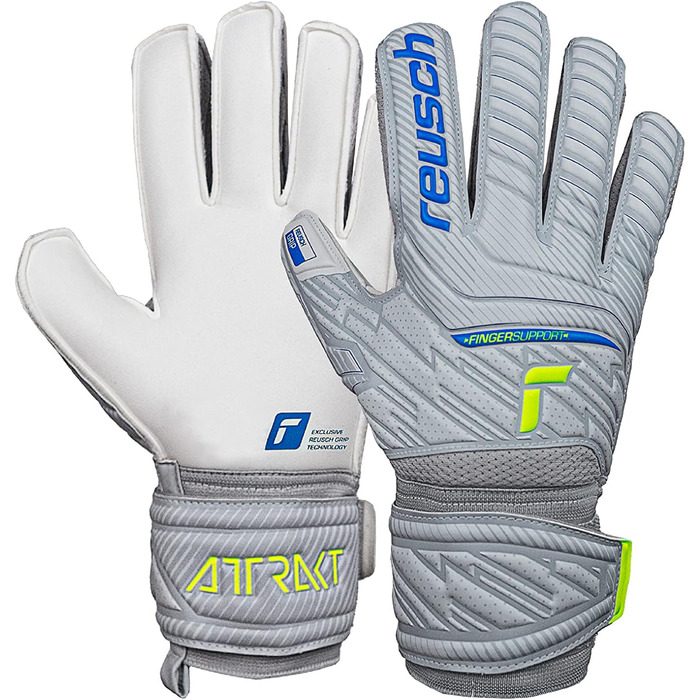 Воротарські рукавички Reusch Attrakt Finger Support для дорослих, з зовнішнім швом і захистом пальців, універсальні для всіх типів футбольних полів, сірі-блакитні-жовті, розмір 10