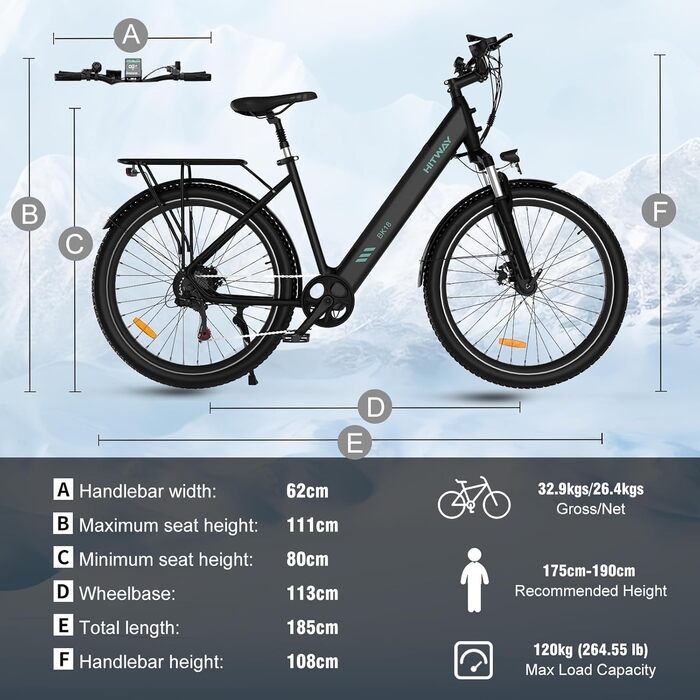 Електровелосипед HITWAY 27.5″, гірський Pedelec 250W, акумулятор 432Wh, запас ходу до 100 км, 7 швидкостей, для дорослих, 2024