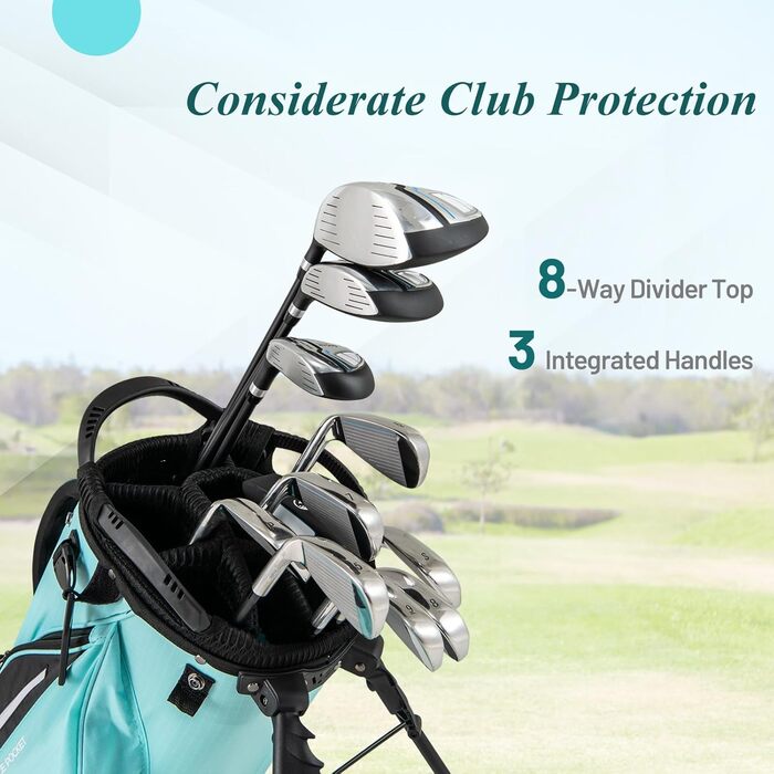 Сумка для гольфу LIFEZEAL: легка, з 8 верхніми відділеннями та 5 кишенями на блискавці, з тримачем для парасольки, водонепроникна, з регульованим плечовим ременем для жінок та чоловіків, блакитна