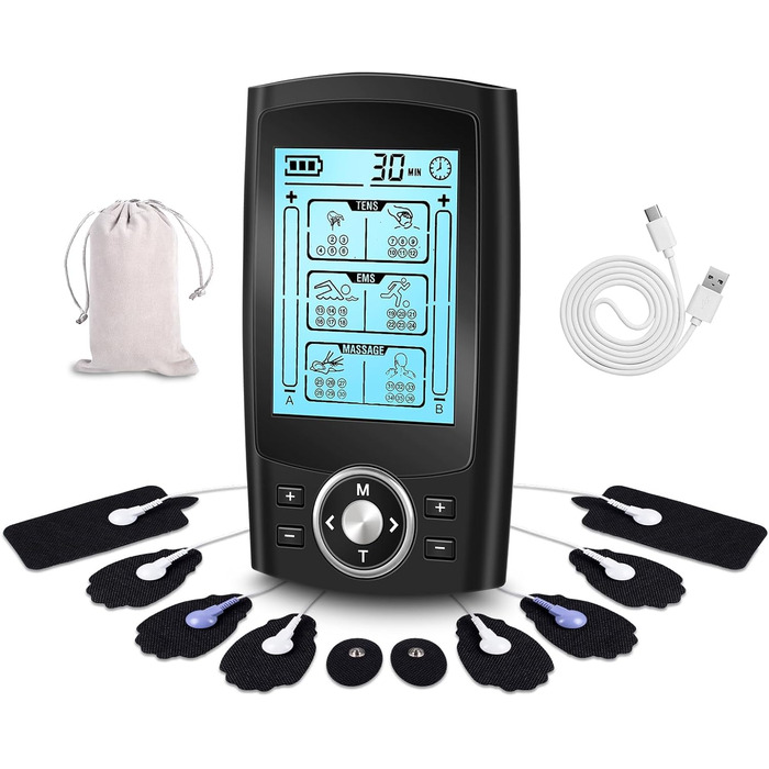 EMS масажер TENS з 36 програмами та 10 електродів для зняття болю та масажу, 2 канали, акумуляторний