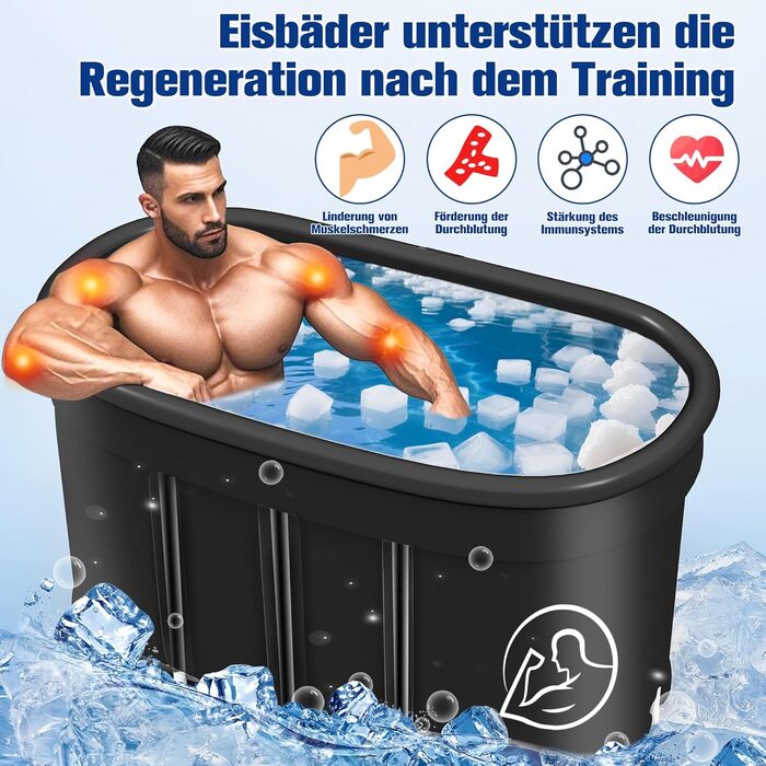 Еліптична ванна для льоду Newfulam XXL (120 см) з кришкою - Комплект, розкладна ванна для дорослих, льодогенератор, ванна для холодової терапії, чорна, 546 л