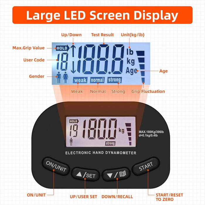 Електронний динамометр для вимірювання сили хвата Griffkrafttrainer, 180 кг, LCD-дисплей, регульований хват, чорний