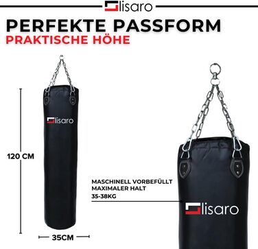 Боксерський мішок Lisaro Profi Boxsack (120x35 см), наповнений, для боксу, кікбоксингу та MMA, штучна шкіра (вініл), з 4-точковим сталевим ланцюгом, чорний