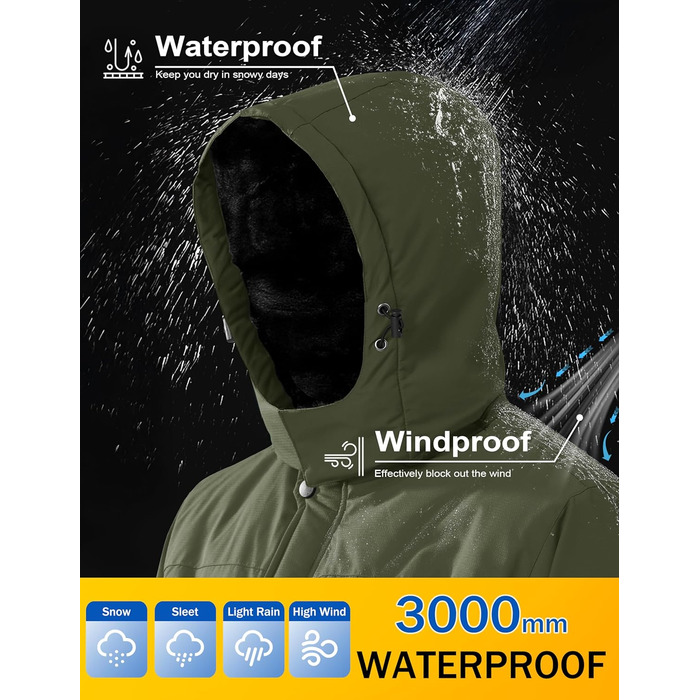 Куртка для сноубордингу та лижного спорту MAGCOMSEN чоловіча, водонепроникна, тепла, з флісовою підкладкою, вітрозахисна, для активного відпочинку та походів, знімний капюшон (M, хакі)