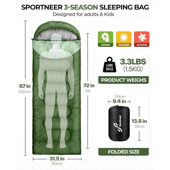 Сплячий мішок Outdoor Sportneer для дорослих та дітей - легкий спальний мішок для кемпінгу, піших прогулянок, 220x80 см, зелений + світло-зелений
