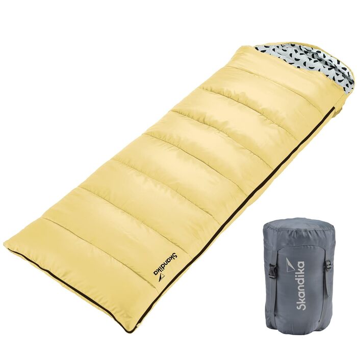 Спальний мішок Skandika Iceland Single - теплий спальник для кемпінгу, 3 сезони, бавовна, 220x80 см, великий, жовтий, з блискавкою справа