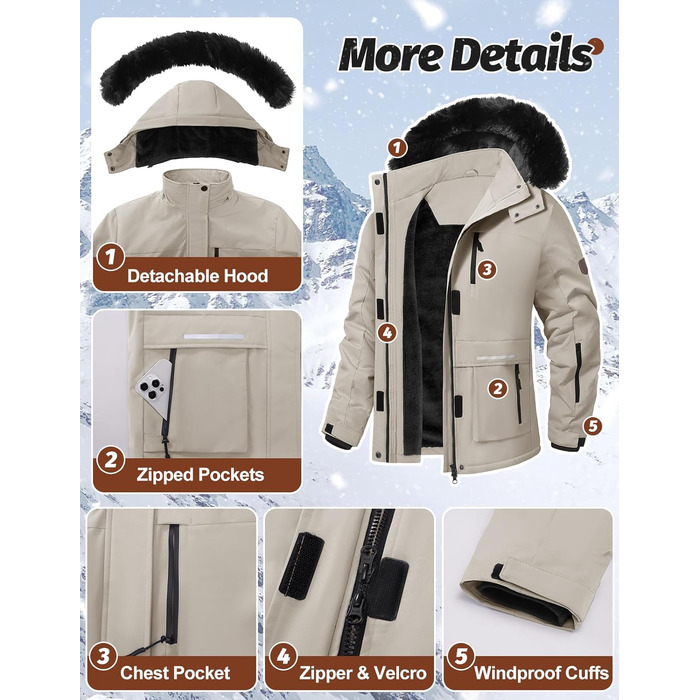 Водонепроникна зимова куртка Voqeen для жінок. Тепла флісова снігозахисна куртка для катання на лижах, вітронепроникна, дихаюча, з капюшоном. Розмір M, колір персиковий.