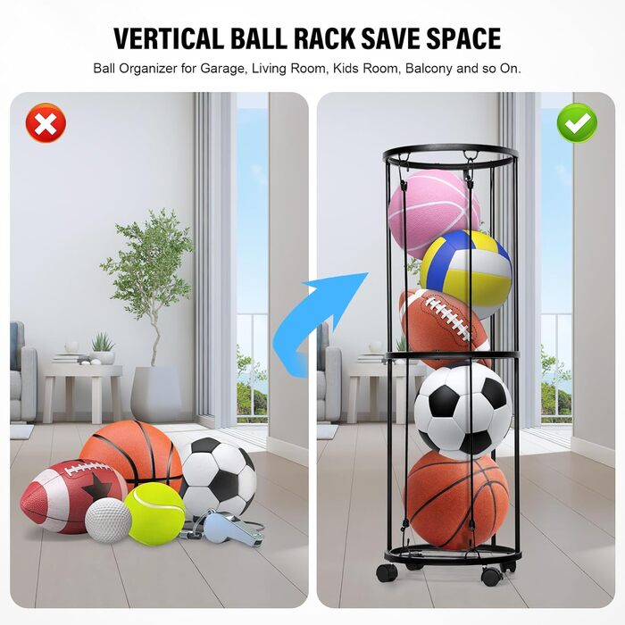 Стійка для м'ячів на колесах, органайзер для спортивного інвентарю, стійка для зберігання футболу та баскетболу, настінний тримач, знімна конструкція