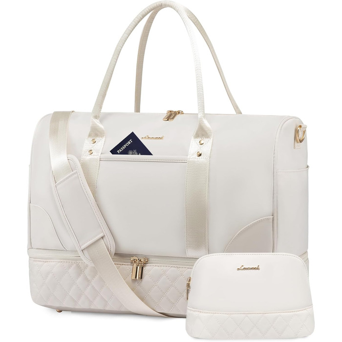 Сумка-мішок LOVEVOOK для жінок, дорожня сумочка-вікендер з відділенням для взуття та мокрих речей, 2 шт. у наборі, велика спортивна сумка, ручна поклажа для подорожей літаком, фітнесу, йоги, бежева, L (35 л)