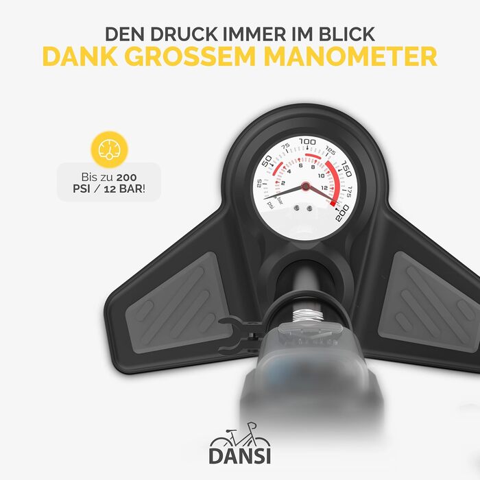 Насос для велосипеда DANSI Stand-Fahrradpumpe з адаптерами AV, SV, DV та великим манометром. Підходить для мотоцикла, електровелосипеда, авто та спортивного інвентарю (з клапаном для спуску тиску).