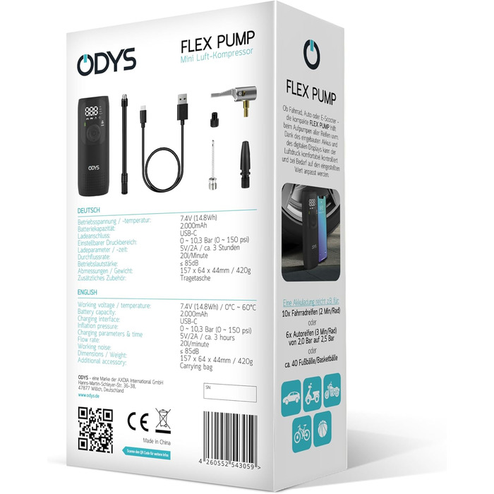 ODYS FlexPump акумуляторний портативний електричний компресор-насос для авто, мотоцикла, велосипеда, самоката, м'ячів (0-10 Бар, 0-150 PSI, 2000 мАг, зарядка USB-C, цифровий дисплей, LED-підсвітка)