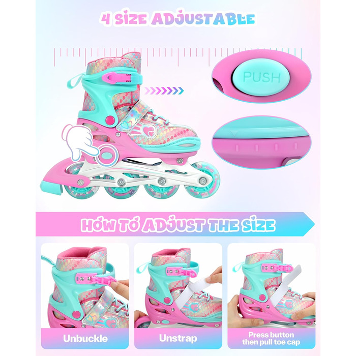 Дитячі ролики Sportneer з регульованим розміром 30-41, комплект з 6 захисними елементами, LED ролики для дівчаток та жінок, рожевий колір, розмір L (EU 38-41)