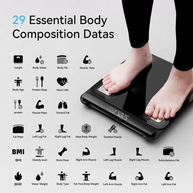 Ваги Fitdays Smart для аналізу складу тіла з 8 електродами, Bluetooth, чорні (FG2202WB) - BMI, м'язи, жир, вода