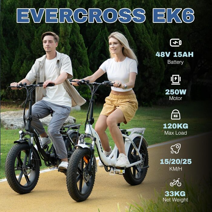 Електровелосипед EVERCROSS EK6 для дорослих, складаний, 20x4.0 дюймів, 7-ступеневий, акумулятор 48В 15Аг, мотор 250Вт, подвійна амортизація, вага 33,2 кг