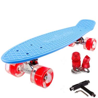 Скейтборд FunTomia Mini-Cruiser 57 см з LED підсвіткою, алюмінієвими траками ABEC-9 та T-інструментом, блакитний з червоними колесами