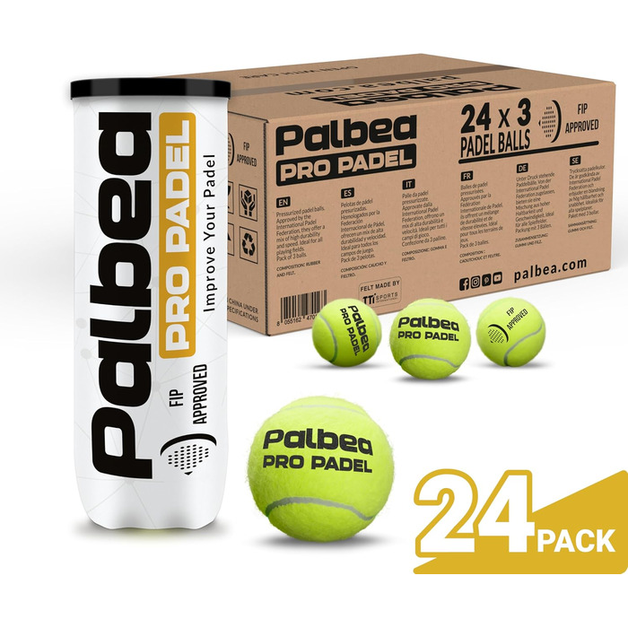 Palbea PRO Padel: М'ячі для падел-тенісу, сертифіковані FIP, преміум-якість. Для тренувань та турнірів. 24 банки в упаковці. Висока видимість завдяки HV Filz. Довговічні та швидкі.