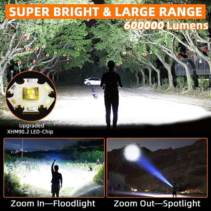 Ліхтар тактичний LED Azyvum, 1000000 люмен, Zoom, 5 режимів, водонепроникний IP67, для кемпінгу, риболовлі, туризму, надзвичайних ситуацій (чорний)