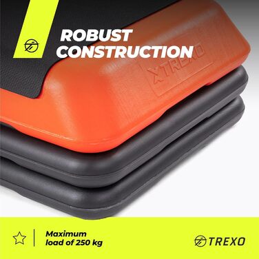 TREXO Степ-платформа для дому - степ-платформа для аеробіки з регулюванням висоти, фітнес та спорт, тренувальний пристрій для початківців та досвідчених, витримує до 250 кг, чорний/помаранчевий