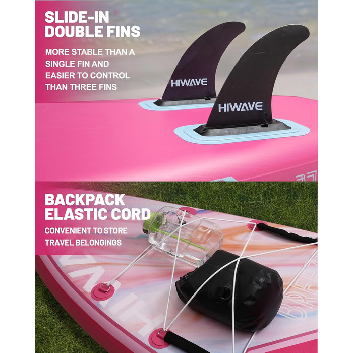 SUP-дошка надувна Hiwave Breeze Pink 335x86x15 см, вантажопідйомність 190 кг, для океану та озера, з 3-частинним регульованим веслом