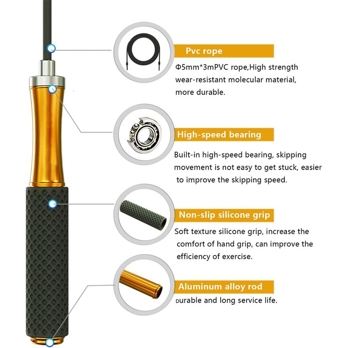 Стрибкове канат для чоловіків, жінок, дітей – з подвійним кульковим підшипником, 360-градусним обертанням, металевою ручкою, силіконовим покриттям, регульований, 3 м, для фітнесу, схуднення (срібний)